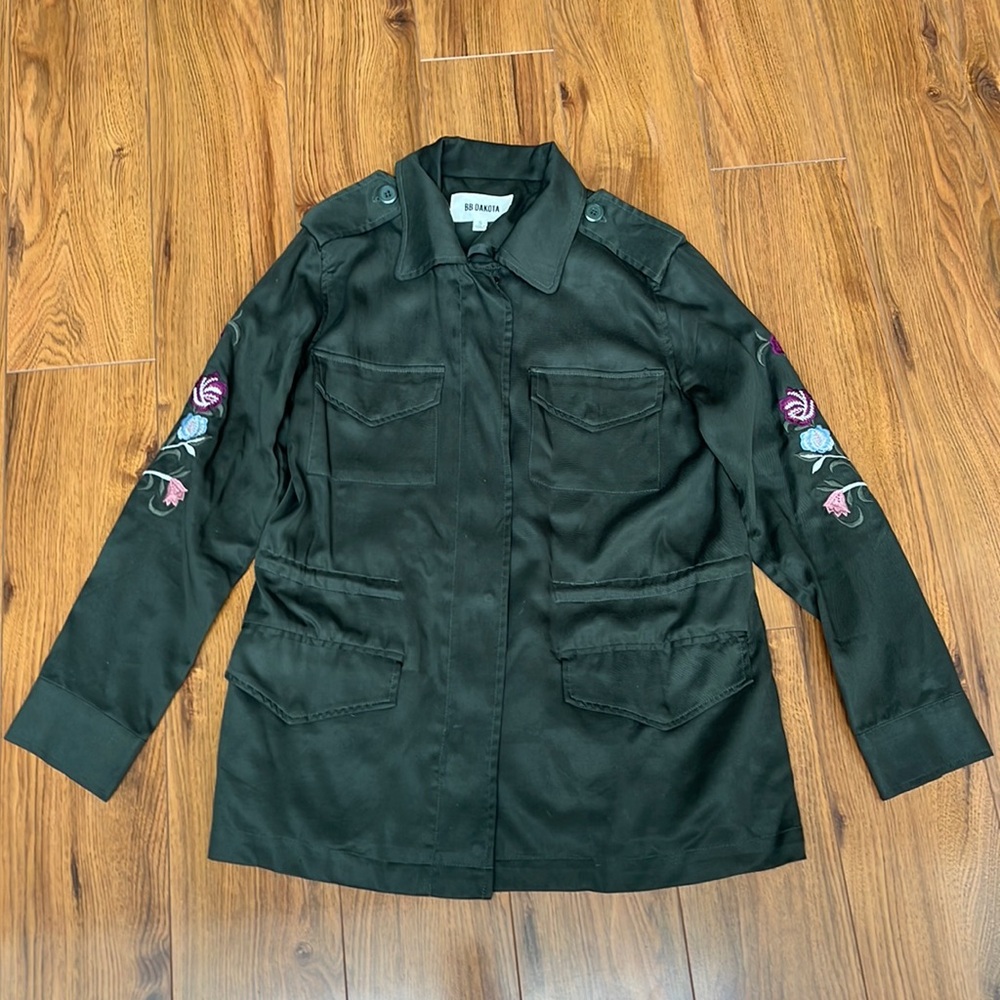 BB Dakota Green Army Jacket with Floral Embroidered Sleeves